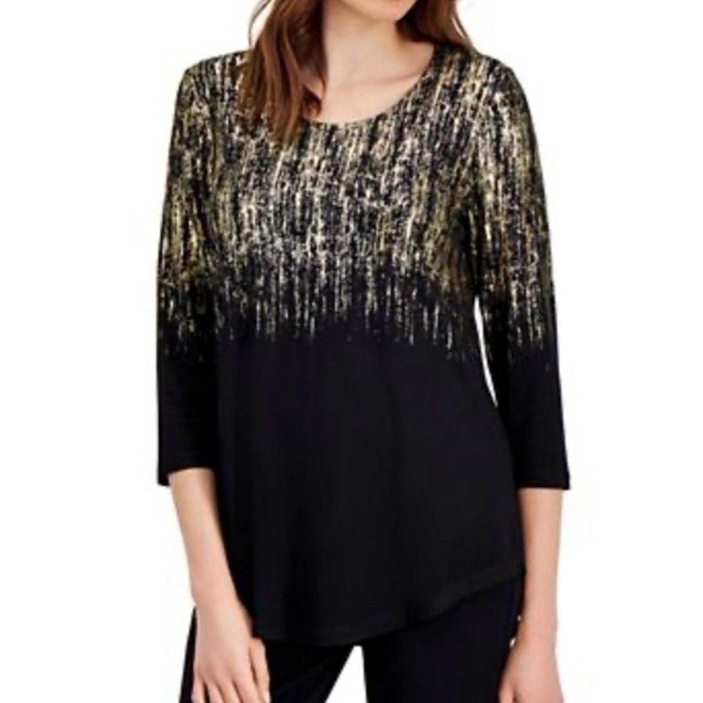 Brand New JM Collection Women's Black & Gold Foil Print 3/4-Sleeve Top, M, NWT - Picture 2 of 4